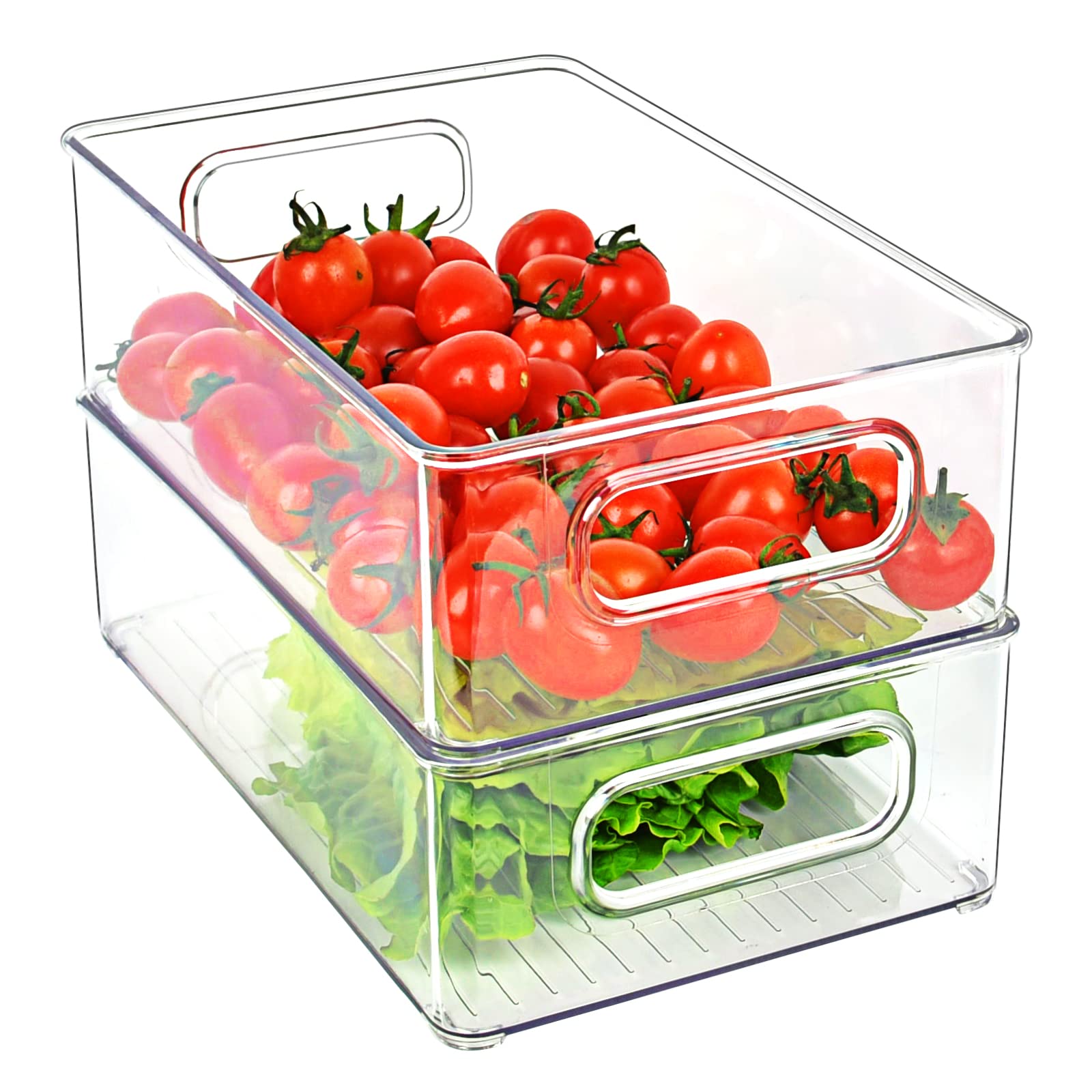 Organizer do lodówki, zestaw 2 przezroczystych pudełek do przechowywania z uchwytem, zestaw organizerów Tidy Fridge, do kuchni, szafek kuchennych, szafek, bez BPA, średni