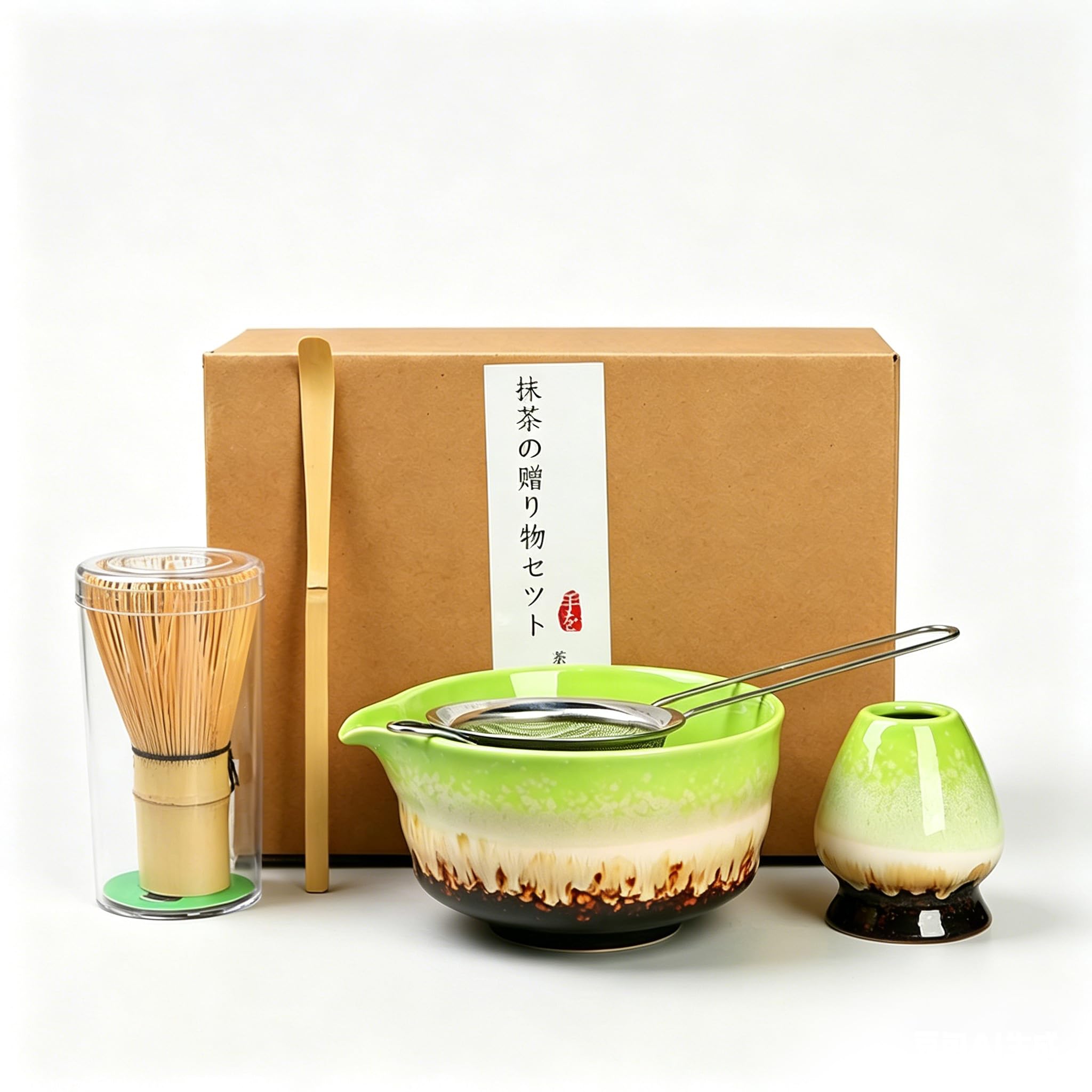 Zestaw Matcha do herbaty, 5 sztuk, zestaw ceremonii Matcha, ceramiczna miska z wylewką z uchwytem na miotłę, filtr, bambusowa szufelka, stojak do parzenia herbaty matcha (zielony)