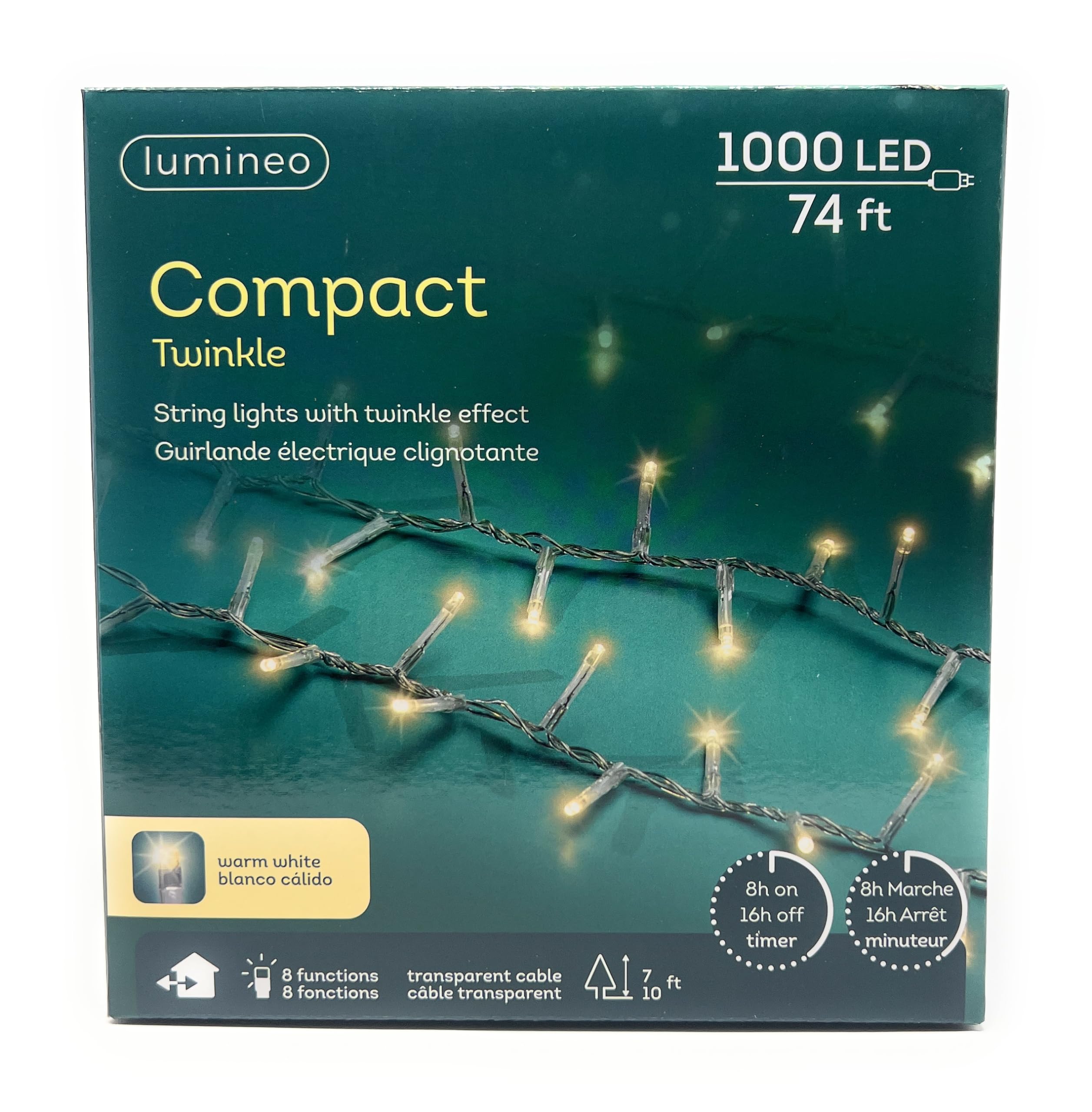 Lumineo 1000 LED Warm White Christmas Compact Lights Set, Transparent Wire 74 Feet
