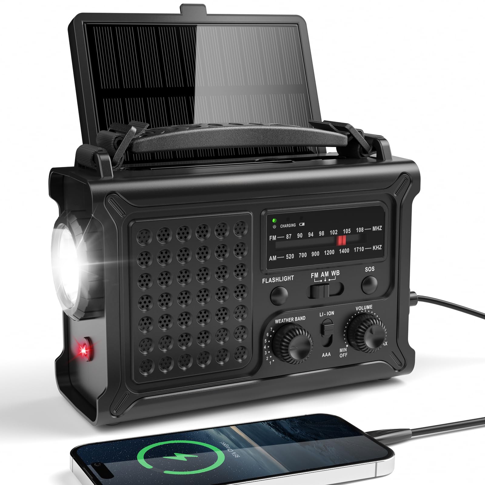 Radio z korbką, przenośne radio z odbiornikiem światowym i odbiorem AM/FM, radio awaryjne z panelem słonecznym o powierzchni 8500 mm² do przetrwania awarii zasilania Czarny