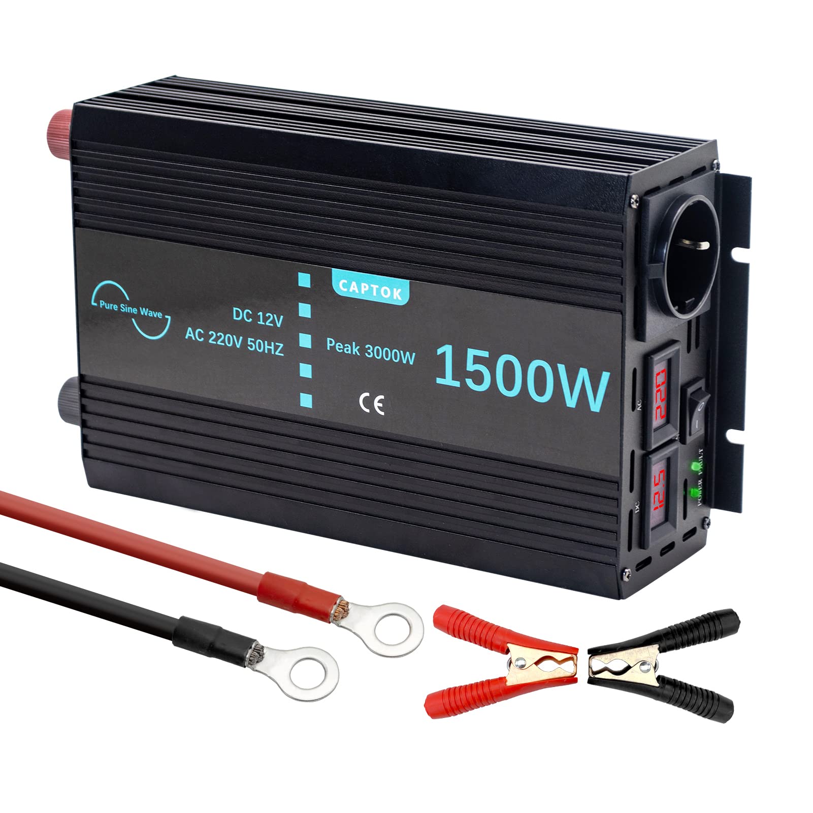 CAPTOK Przetwornica napięcia 1500 W/3000 W czysty falownik sinusoidalny DC 12 V na AC 230 V gniazdo EU, podwójny konwerter wyświetlacza cyfrowego LCD 1500W 12V