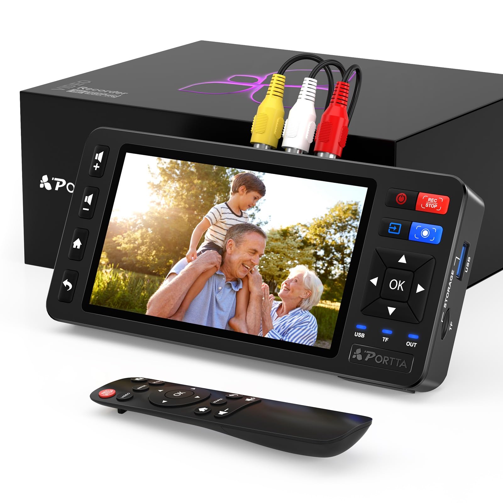 PORTTA Konwerter VD20P VHS na cyfrowy z 5-calowym ekranem HD, rejestrator przechwytywania wideo konwertuje na MP4 kompatybilny z VHS, VCR, DVR, DVD, Hi8, mini DV, konsolą do gier (VCR/VHS/DVD/kamerą)