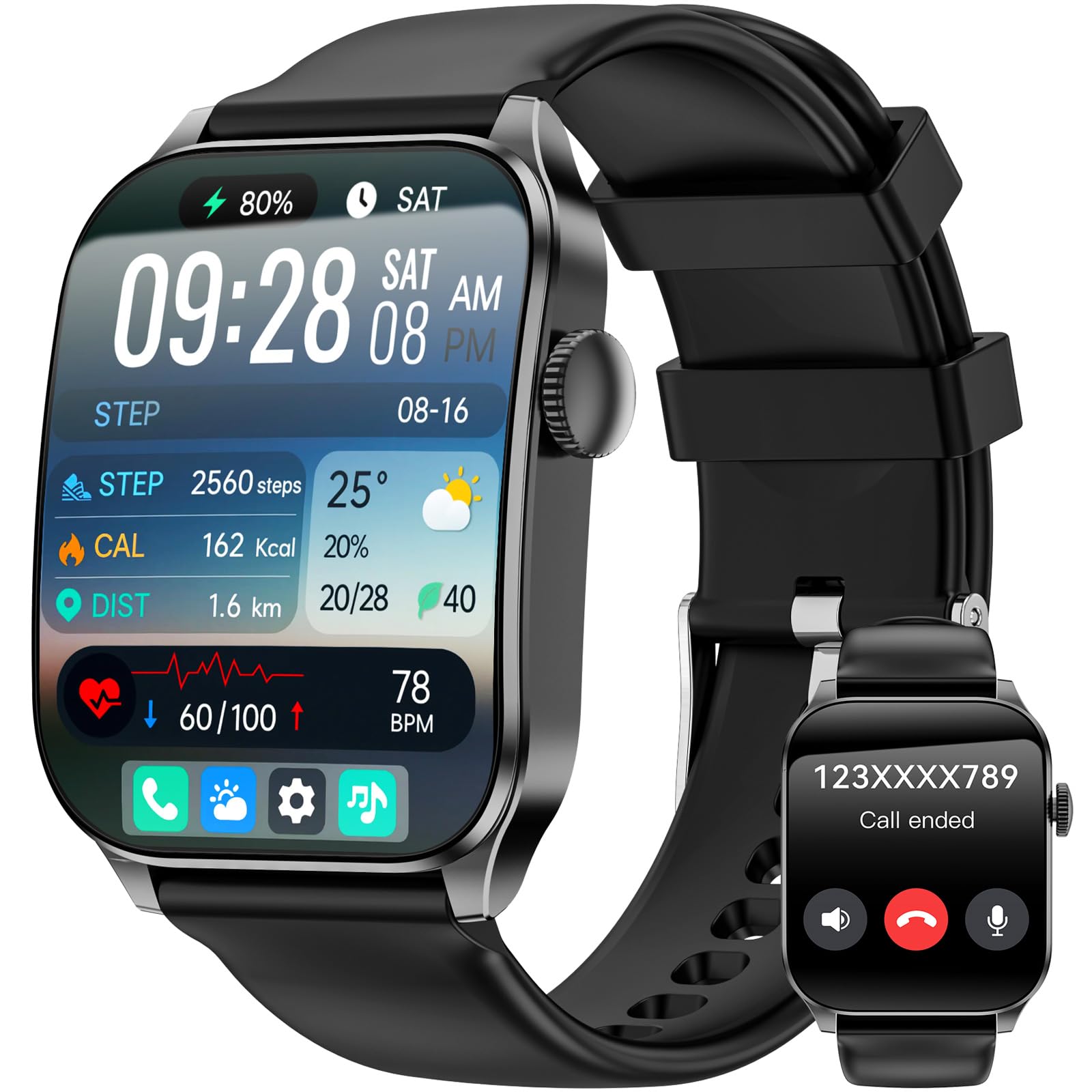 Smart Watch dla mężczyzn i kobiet 1,91 cala HD Zakrzywiony ekran z monitorem tętna i snu powyżej 120 aktywności IP67 iOS Android Black