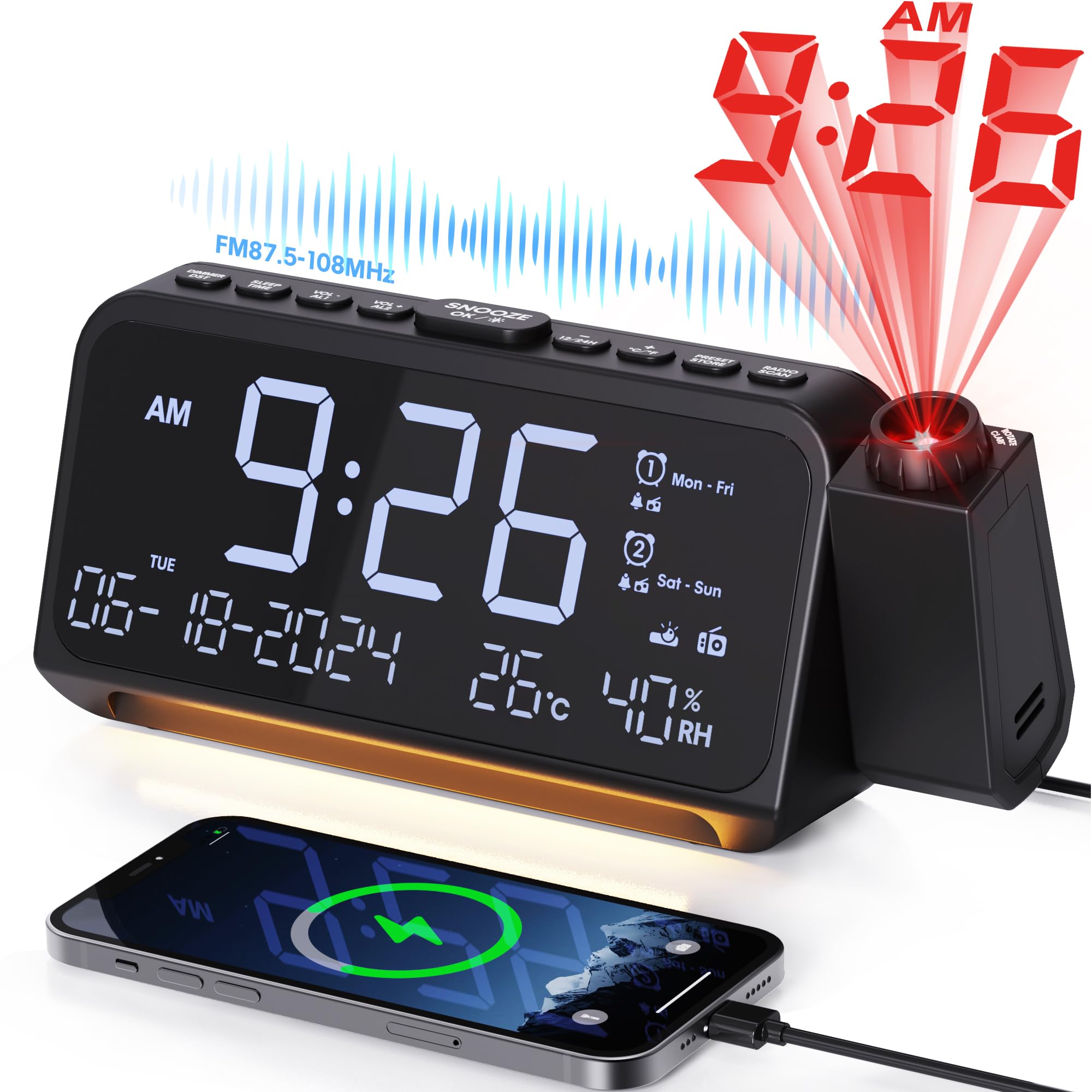 Radiobudzik z projektorem 320°, zegar cyfrowy do sypialni, złącze USB/typ C, podwójny alarm z trybem weekendowym/dnia tygodnia, drzemka, ściemniacz, zapasowa bateria, budzik projekcyjny