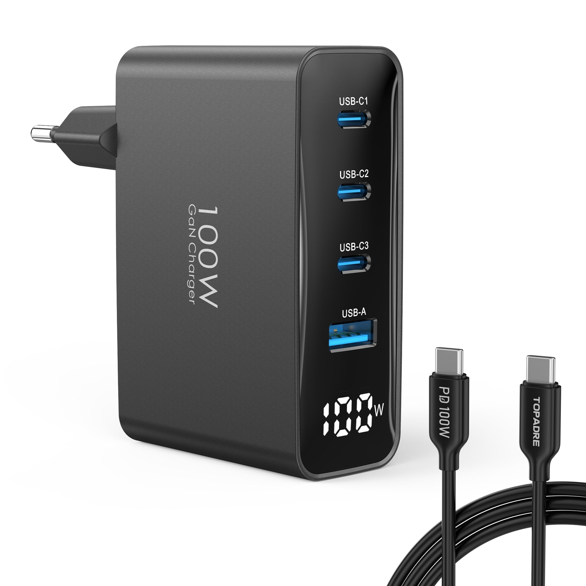 TOPADRE Ładowarka USB C 100 W, 4-portowa, kable w zestawie, wyświetlacz LED czarny Z kablem
