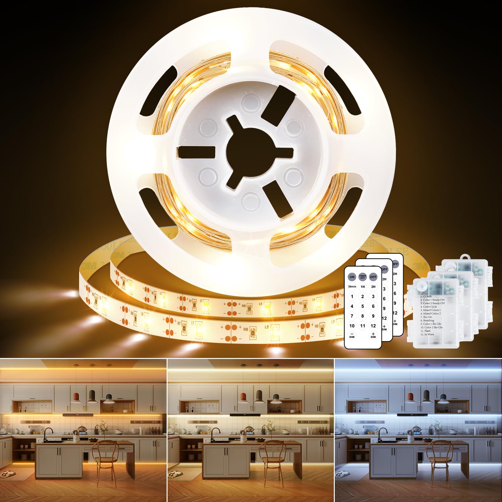 StarryEver Taśma LED na baterie lub USB, 1 m, zasilanie bateryjne lub USB 2 w 1, z pilotem zdalnego sterowania, timer, taśma LED, ciepła biel i zimna biel, taśmy LED do kuchni, regału na książki, szafy, szafy, łóżka