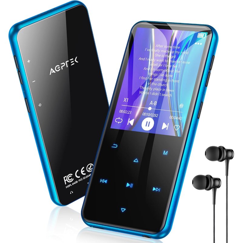 AGPTEK Odtwarzacz MP3 64 GB, Bluetooth 5.3, kolorowy ekran TFT 2,4", muzyka HiFi, odtwarzacz MP3 dla dzieci, z głośnikiem, przyciskami dotykowymi, radiem FM, e-bookiem, nagrywaniem, obsługa do 128 GB, NIEBIESKI