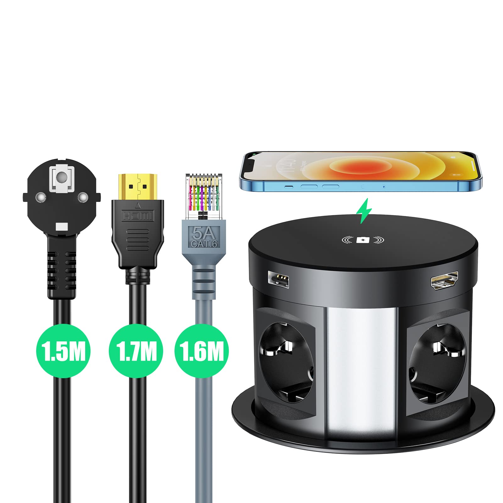 HANNELORE chowane gniazdko stołowe z USB, 4 gniazda stołowe, z 2 portami USB-A, do blatu, 5 W, bezprzewodowe ładowanie, HDMI, RJ45, 3680 W/16 A, kolor czarny