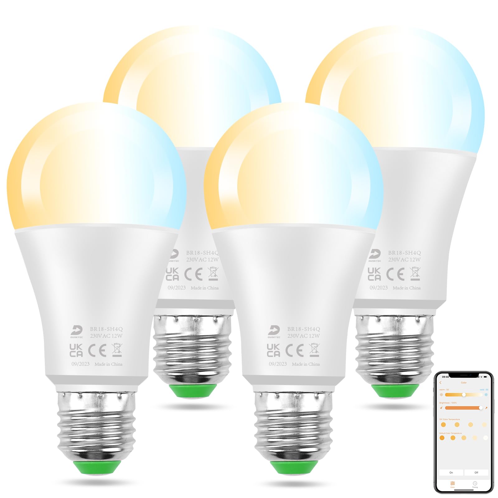 DUSKTEC Inteligentna żarówka 4 szt. E27, Alexa lampa LED, ciepła biel i zimna biel, 2700-6000 K, ściemniana za pomocą aplikacji, żarówki LED Bluetooth 1300 lm 12 W, żarówka Tunable White