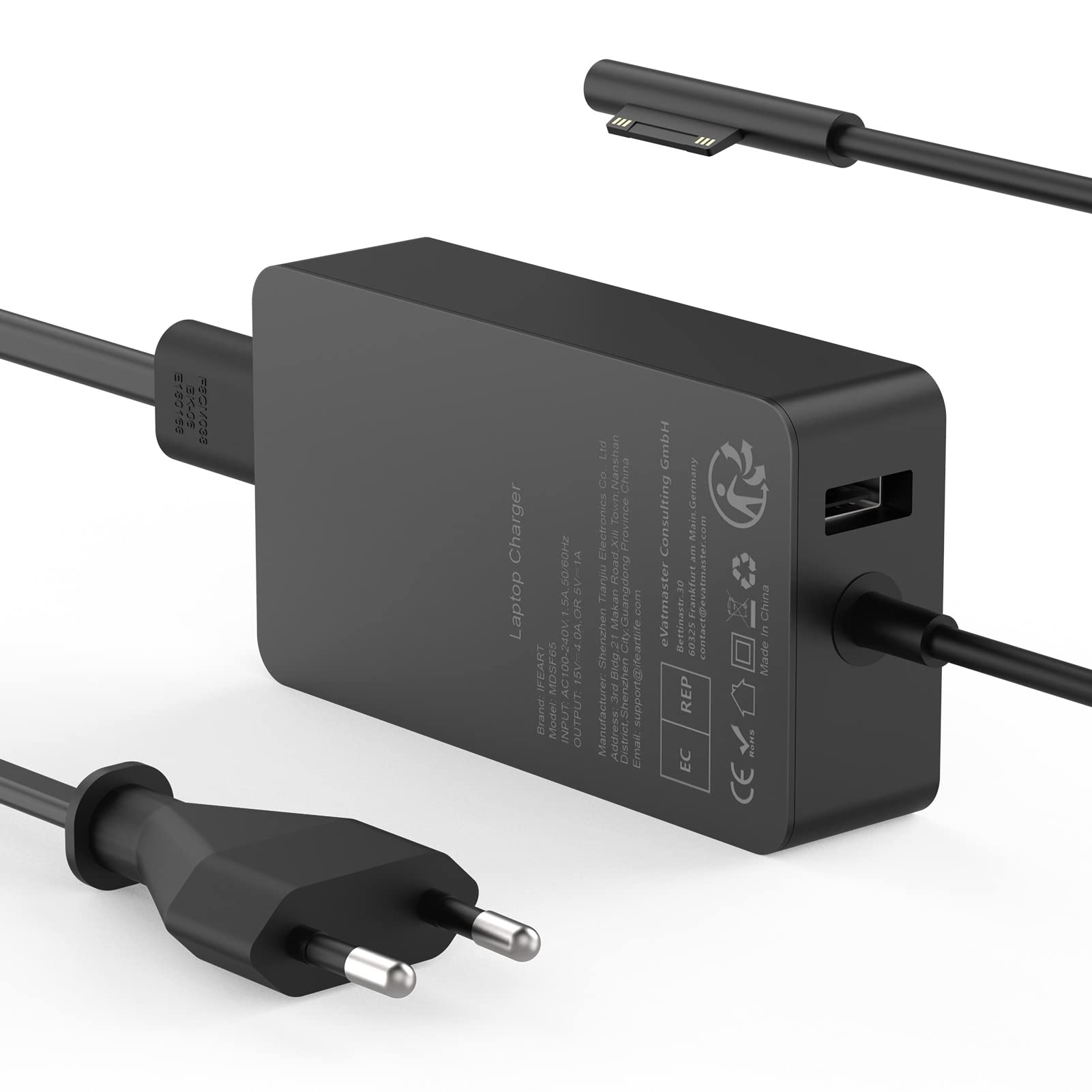 Ładowarka Surface Pro 65W 15V 4A Zasilacz Microsoft Surface Laptop do Surface Pro 9/8/Pro 7/Pro 7+/Pro 6/Pro 5/Pro 4/Pro 3/X, Surface Laptop /4/3/2, Surface Go 3/2, Surface Book 3/2, z portem USB