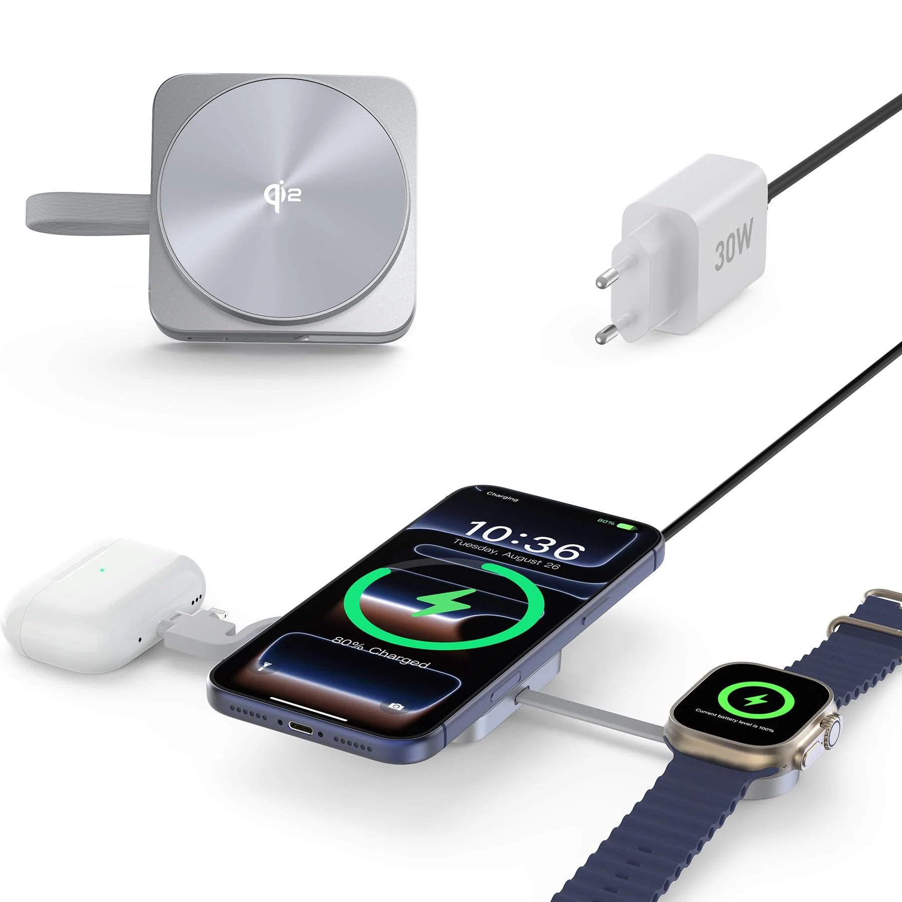 RoRoSkin Do stacji ładującej Apple Watch i iPhone'a, Mag-Safe ładowarka 3 w 1, indukcyjna stacja ładująca, podróżna, bezprzewodowa ładowarka kompatybilna z iPhone 16/15/14/13/12, Apple Watch 10/9