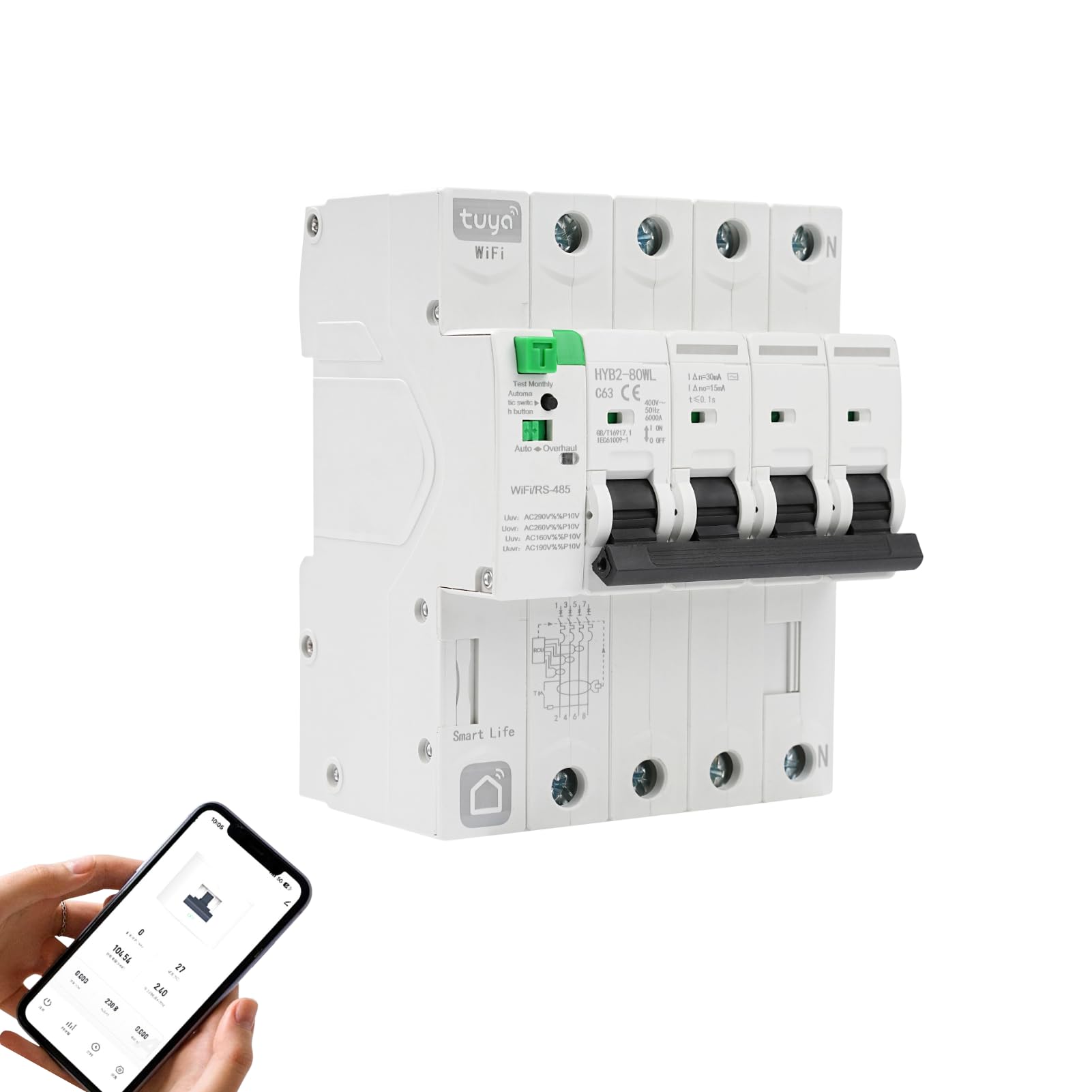 DevinLVD Inteligentny wyłącznik mocy WiFi, 4P 63 A, wyłącznik automatyczny, ochrona przed wyciekiem, aplikacja Tuya Remote Control
