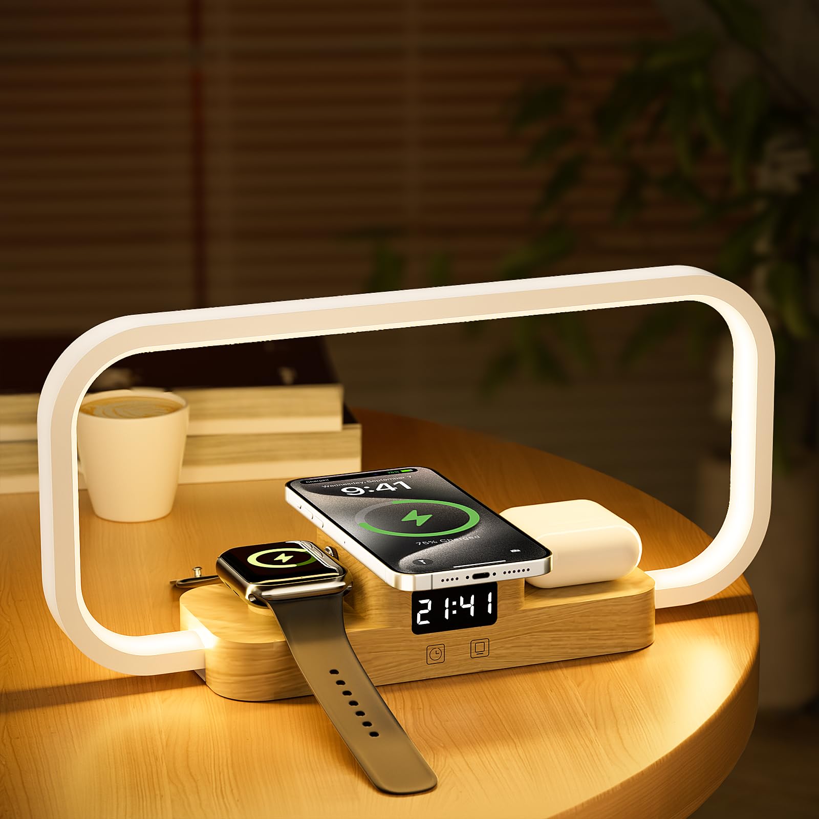 CRLL Lampka nocna 3 w 1 z bezprzewodową ładowarką i portem USB, 5 kolorów ściemnialna lampa stołowa sterowanie dotykowe, stacja ładująca do pods, smartfon do aparatu, imitacja drewna