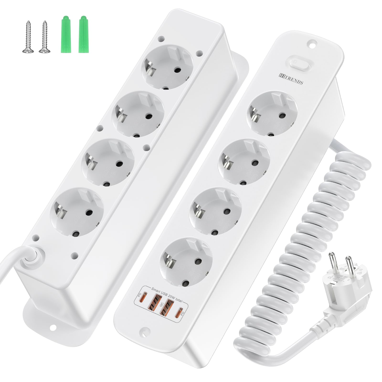 Listwa zasilająca wpuszczana do zabudowy, 8 gniazd, z 2 x USB-C, dwustronna listwa zasilająca z 8 gniazdami, wysuwana, 4000 W/16 A (PD20W), kabel 2 m, kolor biały, do miejsca pracy/biura