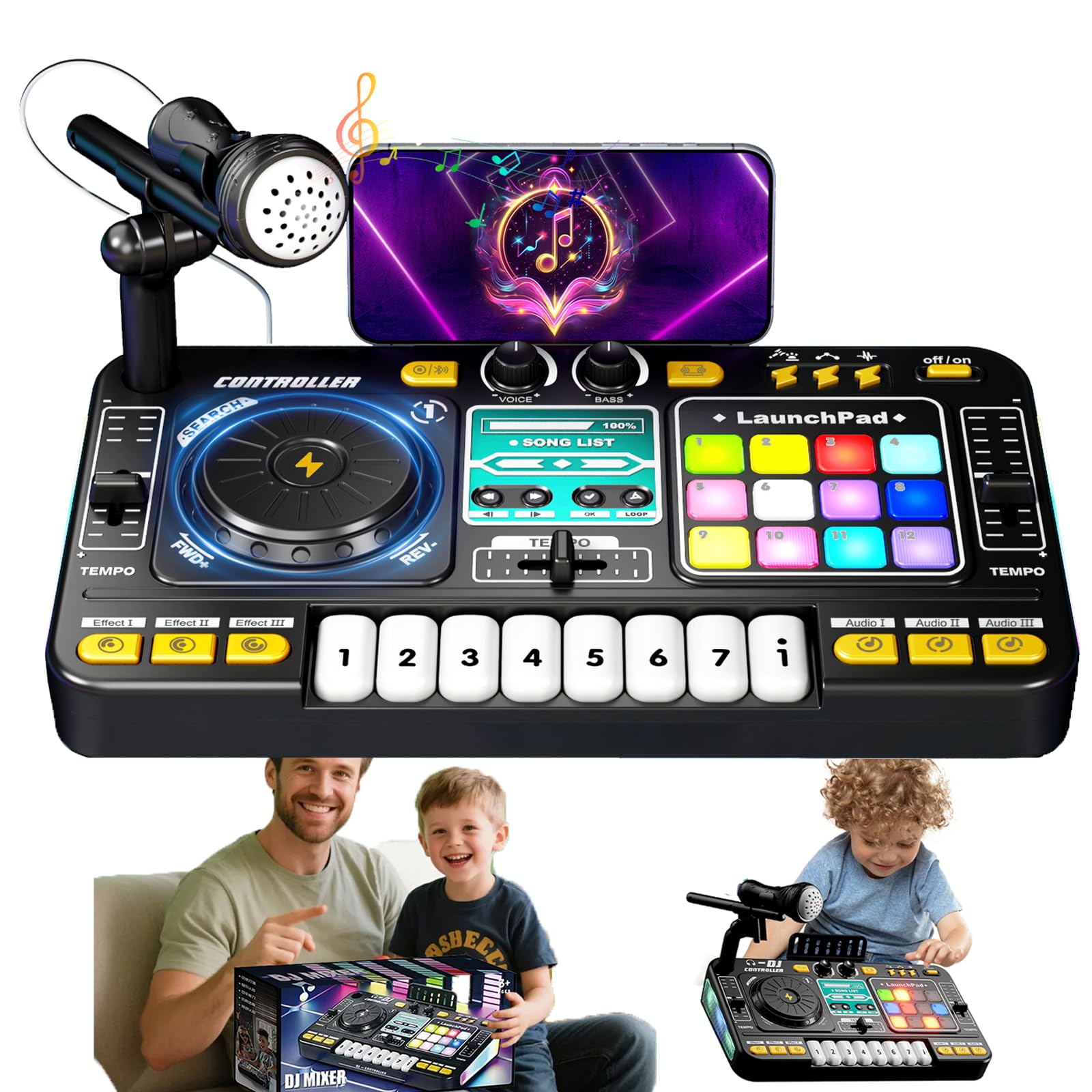 Gramofon DJ dla dzieci, zestaw do mixowania dla dzieci, z Bluetooth, mikrofonem, świecącymi guzikami, ładowaniem przez USB, odpowiedni dla 3-10 lat, zabawka na imprezy rodzinne i rozrywkę