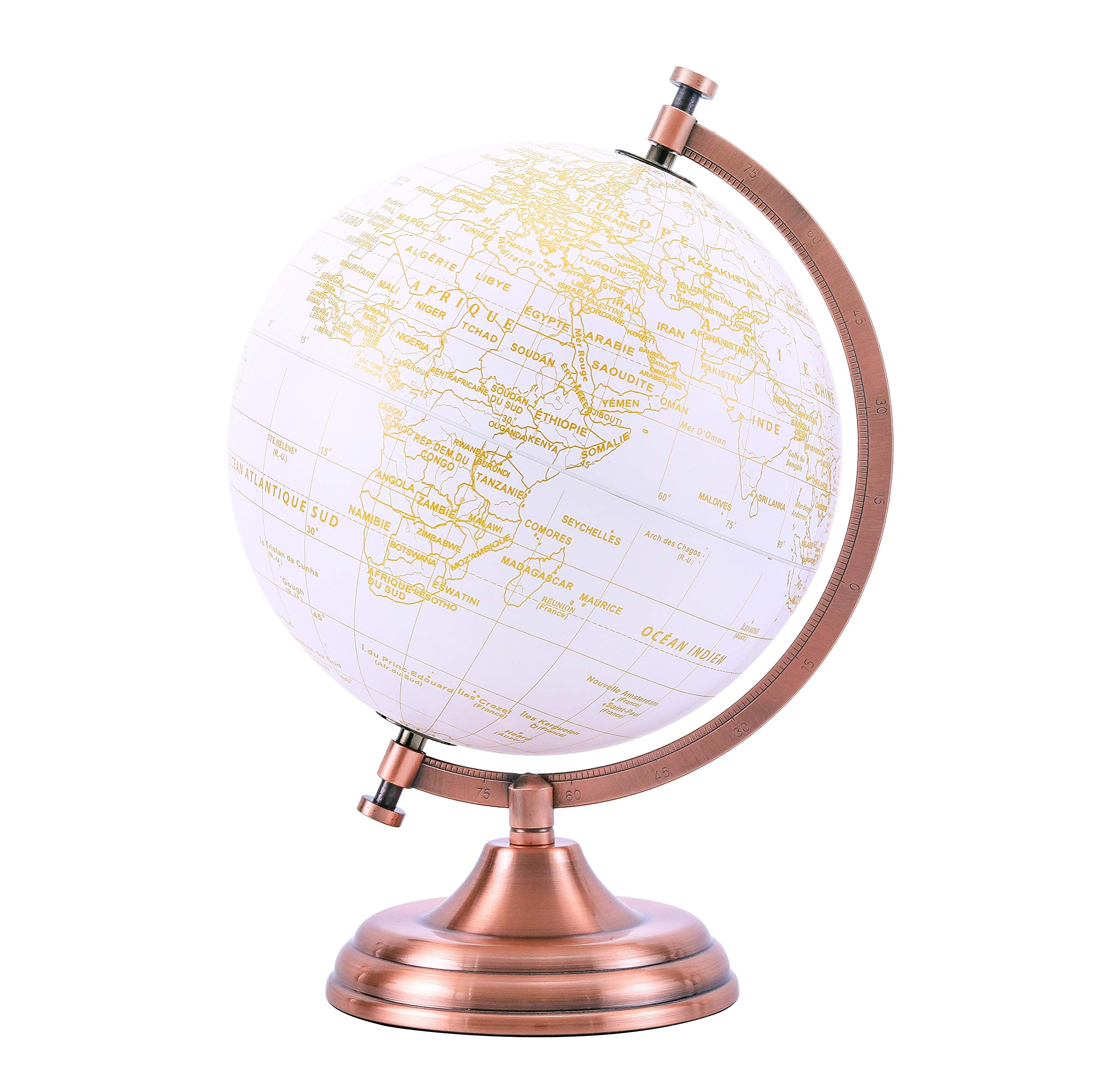 Exerz Globus złoty dekoracyjny kolor metaliczny 20 cm - edukacyjna, geograficzna, nowoczesna dekoracja biurka - metalowy łuk i podstawa, powlekany w złotym kolorze - do szkoły, domu, biura i kawiarni J.FRANCUSKI
