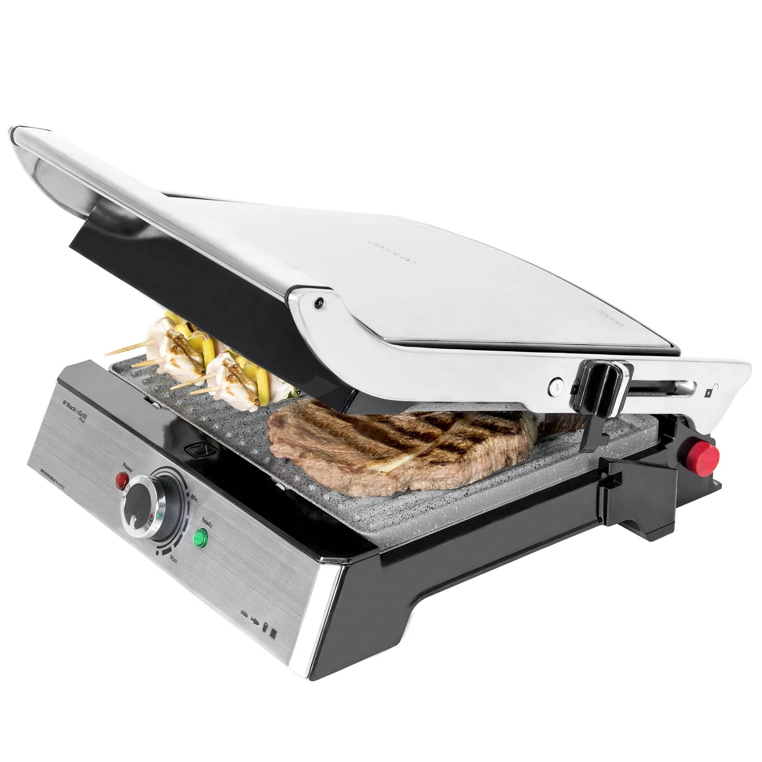 Cecotec Rock'nGrill Pro grill elektryczny, powłoka z kamienia Rockstone, zdejmowane i odwracalne talerze, otwór 180°, szeroka powierzchnia, 34 x 23 cm, stal nierdzewna