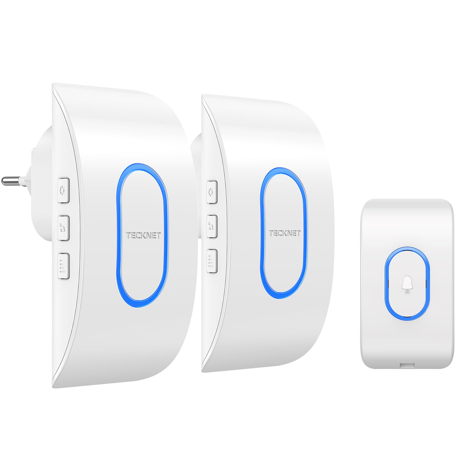 TECKNET Doorbell IP65 Bezprzewodowy Wodoodporny Zewnętrzny Zasięg 400 m, bezprzewodowy dzwonek, 2 odbiorniki, 5 poziomów głośności, 60 melodii, dzwonek do drzwi frontowych z lampą LED, biały